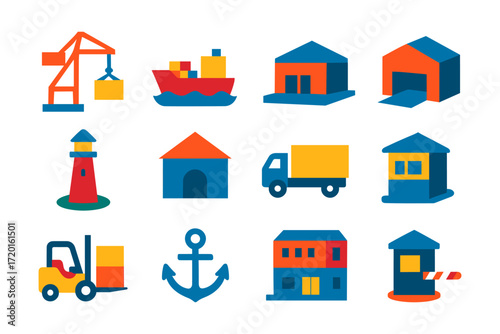 Colorful shipping and warehouse icons in flat design