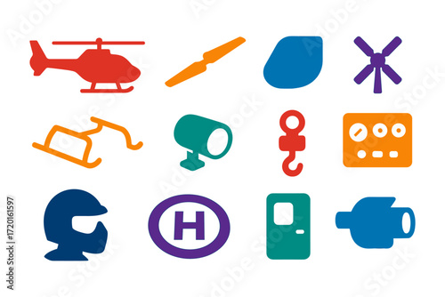 Colorful helicopter icons set featuring various equipment and parts for aviation design