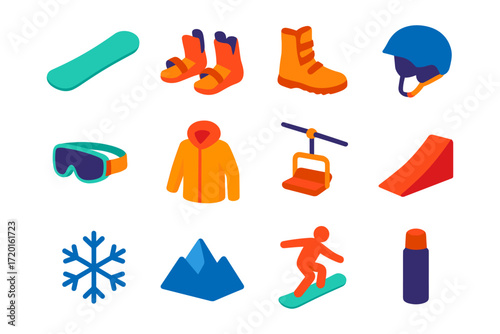 Winter sports isometric icons: snowboarding, gear, and cold weather essentials