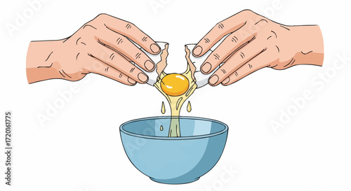 Hands cracking fresh egg into a bowl, preparing delicious breakfast, baking ingredient, healthy cooking, vector illustration for culinary projects and food blogs