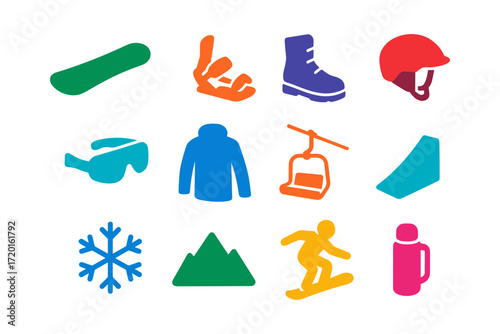 Colorful winter sports icons: snowboarding, skiing, and cold weather gear