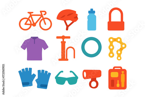 Colorful flat bicycle gear and accessories icon set for cyclists