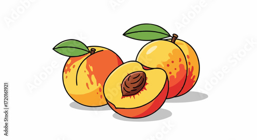 Vibrant ripe peaches with fresh green leaves and a juicy cut half revealing the seed, perfect for healthy eating and summer recipes
