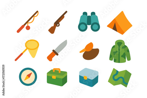 Colorful camping equipment icons: adventure gear in flat design