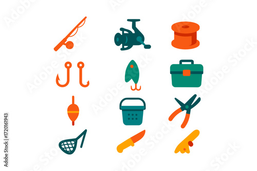 Colorful fishing gear icons set for outdoor adventure and recreation