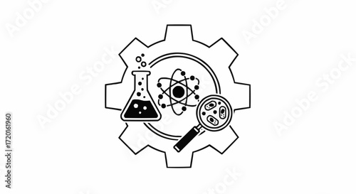 Innovative scientific research and development icon featuring atom, flask, and microscope within a gear for technology and industry concepts.