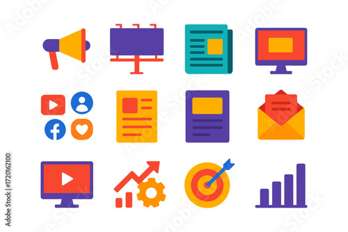 Colorful media and digital marketing icons in flat design for dynamic content creation