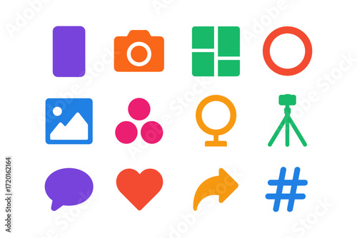 Colorful set of media and social media icons in flat design style