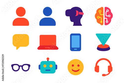 Colorful minimal technology and communication icons for digital interfaces