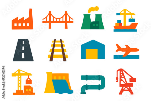 Colorful flat icons of industrial and infrastructure elements