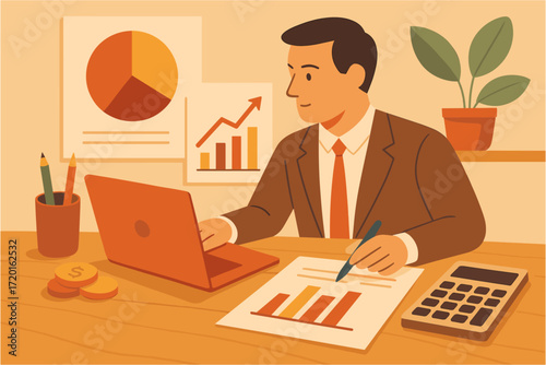 Business professional analyzing financial data in office with laptop and graphs