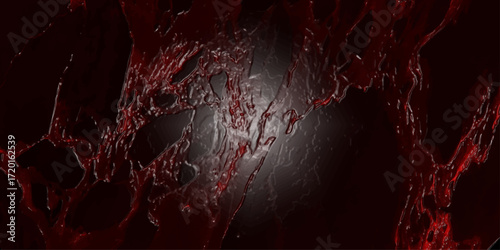 Dark red viscous liquid flowing and splashing with glossy texture and subtle light reflections creating an abstract organic pattern