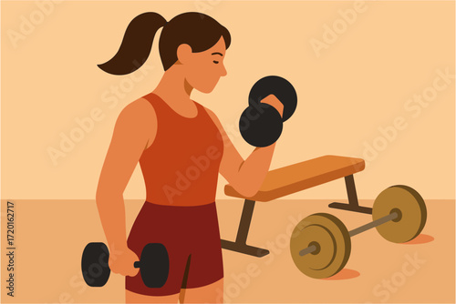 Woman exercising with dumbbells in gym setting with equipment