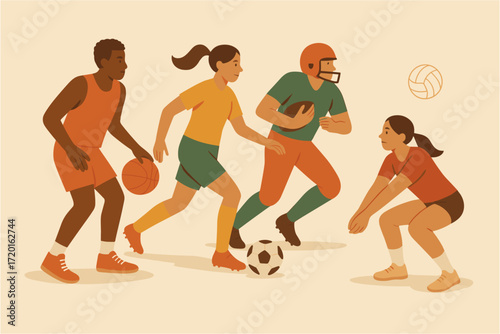 Diverse athletes engaged in basketball, soccer, american football, and volleyball activities