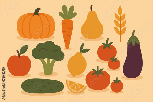 Flat design of fruits and vegetables on a beige background