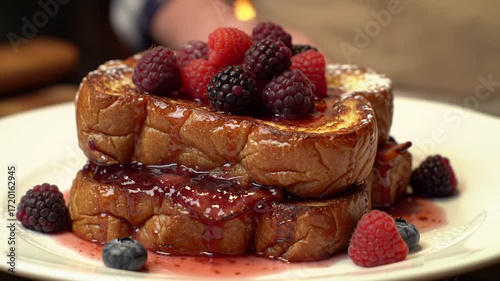 Close-up of French toast topped with berries and syrup