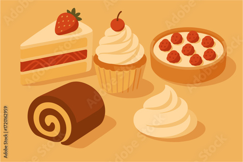 Delicious assortment of desserts with cakes and pastries in flat design