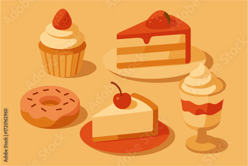 Assorted sweet desserts in flat design on warm background