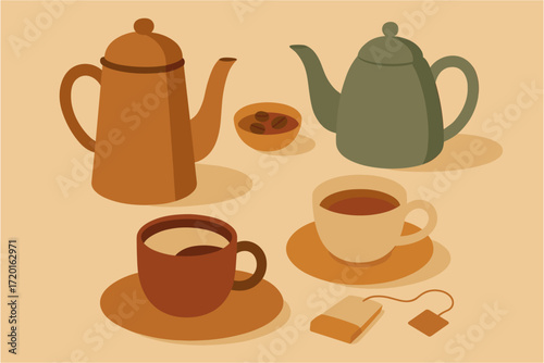 Cozy tea and coffee set with pots, cups, and teabags in warm minimalistic style