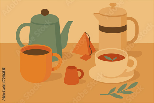 Cozy tea time setup with cups, teapots, and leaf motif in warm minimal style
