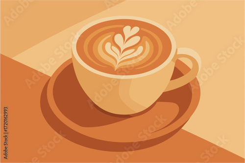 Warm minimalist coffee cup with latte art on wooden table in retro palette