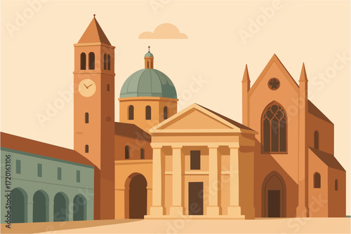 Historic cityscape with landmark buildings in minimalist style