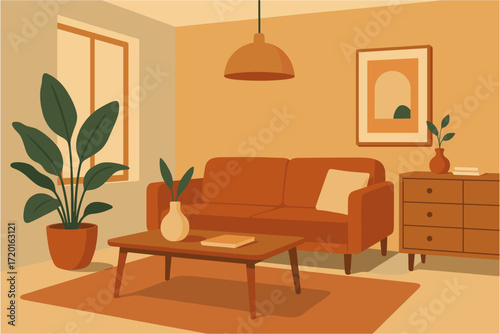 Cozy mid-century modern living room with warm earth tones and retro decor