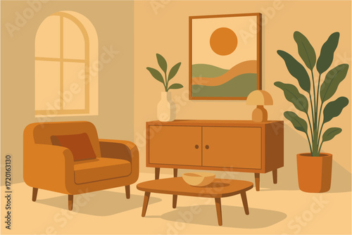 Cozy retro living room with mid-century modern furniture and earthy tones