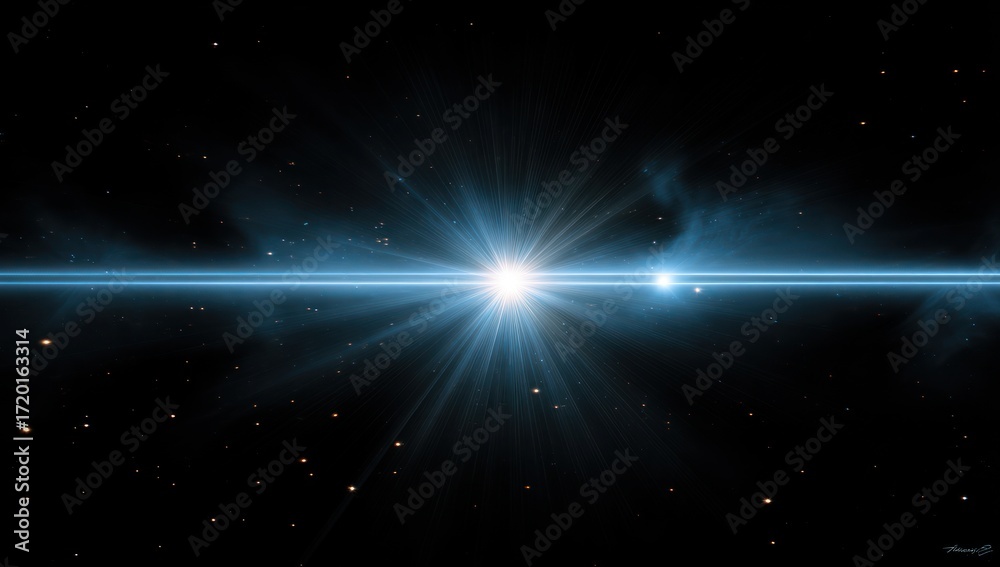 Fototapeta premium A brilliant celestial light source radiating luminous rays across a dark interstellar expanse, showcasing a striking contrast of light and shadow.