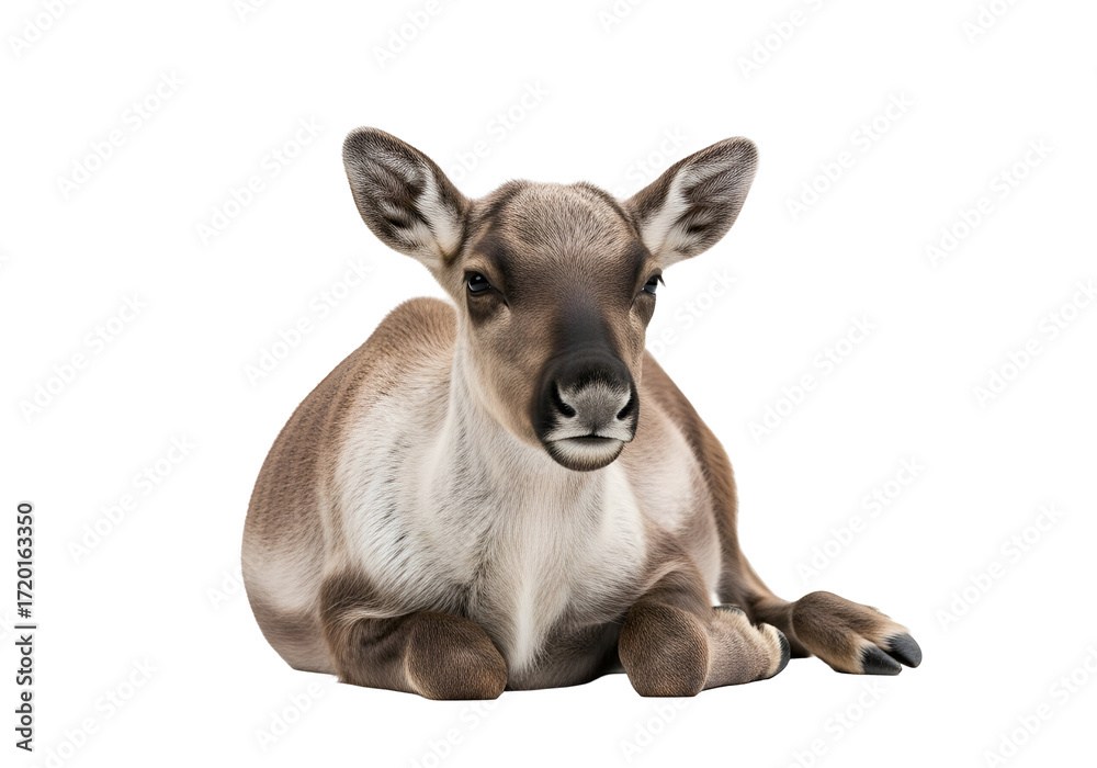Fototapeta premium Close-up of a young reindeer resting, its soft fur and delicate features highlighted against a black backdrop.
