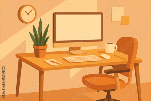 Cozy home office desk with computer and chair in warm minimalist setting