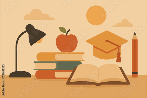 Flat educational elements with books, graduation cap, and lamp in warm tones