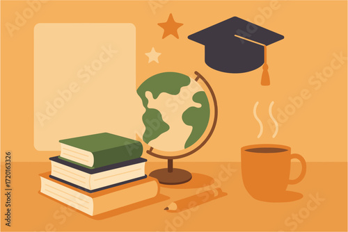 Education concept with globe, books, and graduation cap in minimalist style