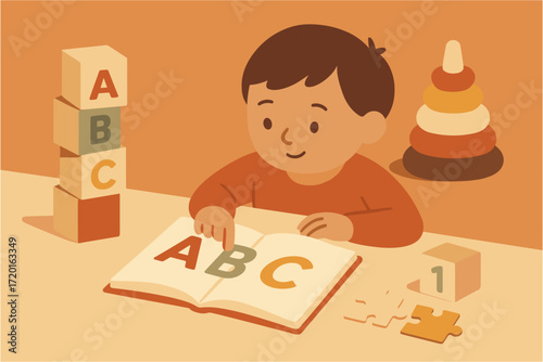 Cute child learning abcs with puzzle in warm toned minimalist style