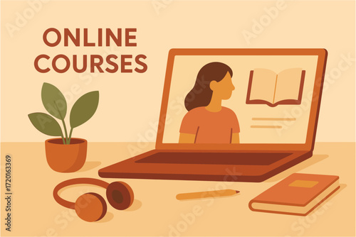 Online learning scene with laptop, books, and headphones in flat design