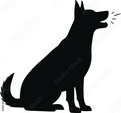 Dog silhouette barking, black vector animal icon, expressive pet pose, sound lines, isolated illustration, canine communication, white background