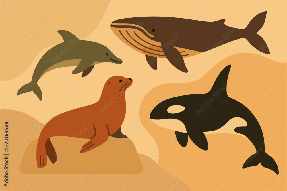 Obraz premium Marine mammals in warm tones: dolphin, whale, seal, and orca