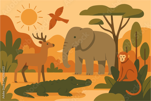 Safari wildlife scene featuring elephant, deer, and crocodile in flat design