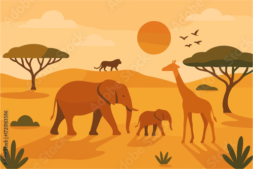 African safari: silhouette wildlife at sunset in flat design
