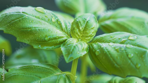 Close-up of fresh basil leaves covered in dew drops