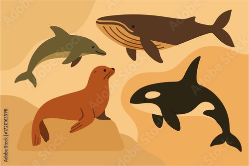 Marine mammals in warm tones: dolphin, whale, seal, and orca