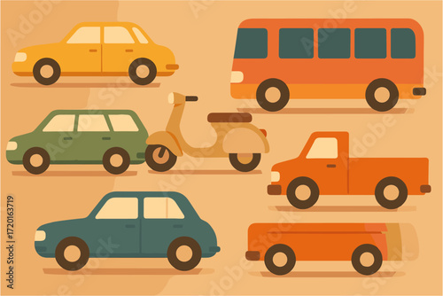 Retro flat design vehicles collection with cars, bus, and scooter