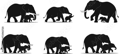 Elephant family silhouette, adult and baby walking poses, nurturing bond, wildlife concept, black figure, white background, nature theme, animal behavior