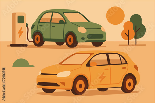 Eco-friendly minimalist cars at charging station in autumn landscape