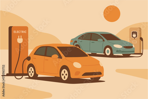 Electric cars charging in desert landscape with orange sun and minimalist art style