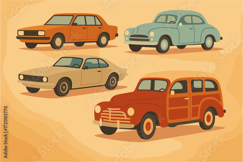 Vintage cars collection in retro flat style featuring classic designs and warm tones