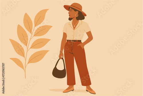 Stylish autumn fashion with woman and leaf in minimalist design
