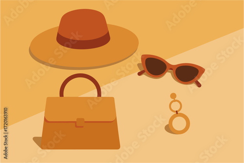 Chic summer fashion accessories in warm tones: hat, sunglasses, bag, and earring