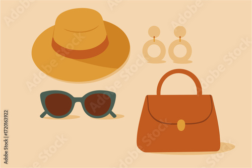 Chic accessories: flat style hat, sunglasses, earrings, bag on beige background