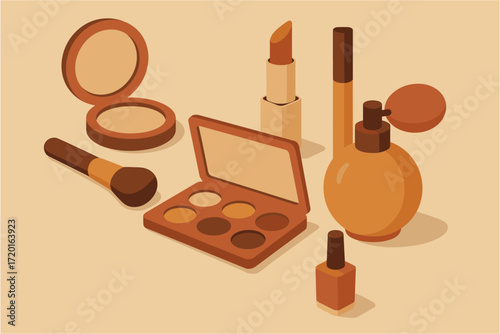 Isometric makeup set with lipstick and perfume on beige background